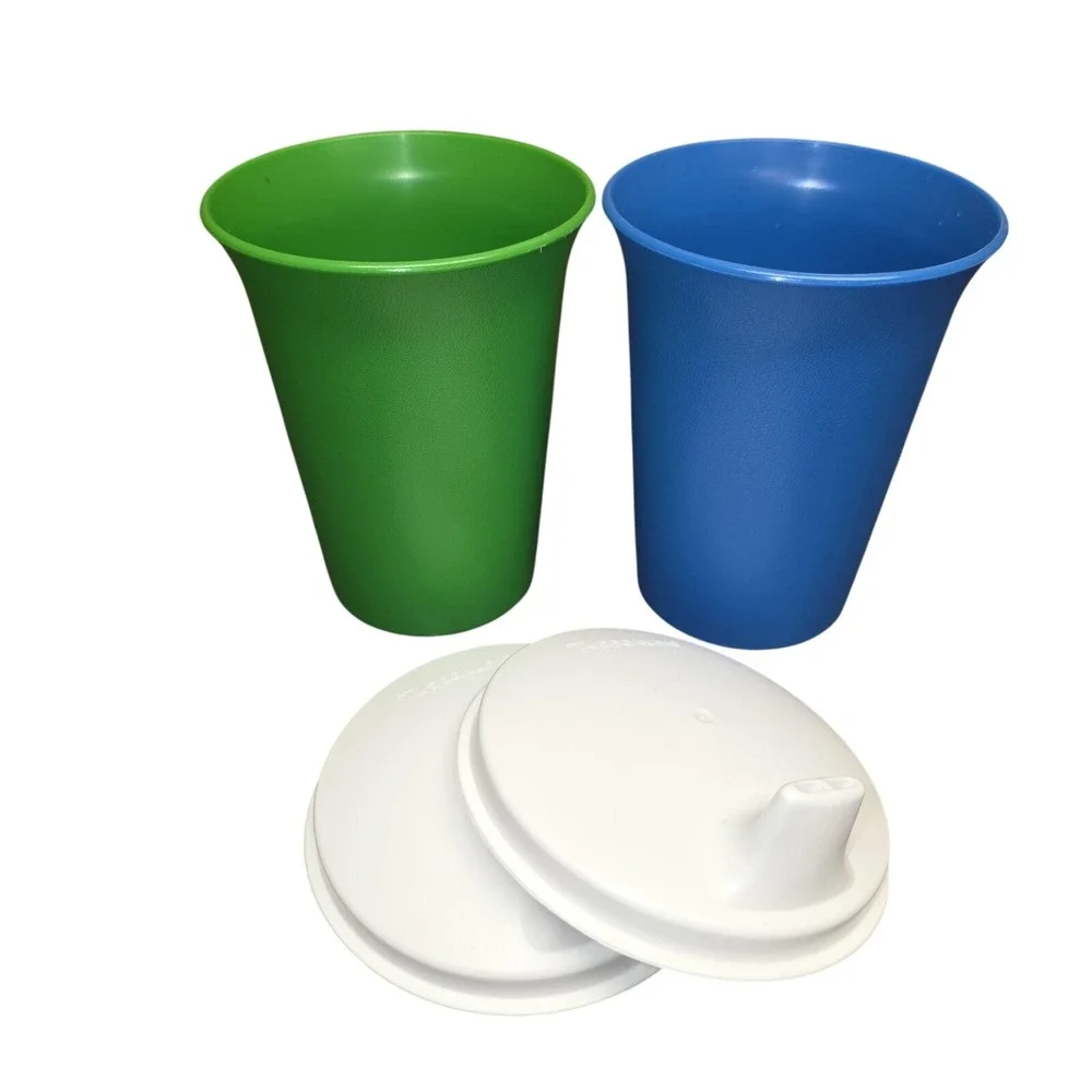 VTG Tupperware 7 Oz Sippy Cups Set Green Blue White Dome Lids BPA‎ Free